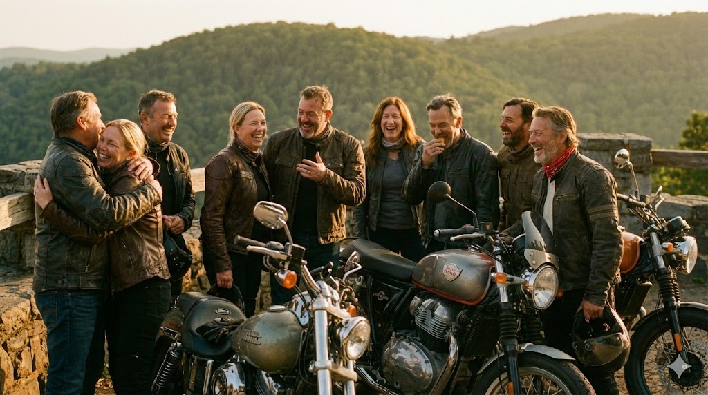 A group of motorcycle riders laughing together at a scenic overlook